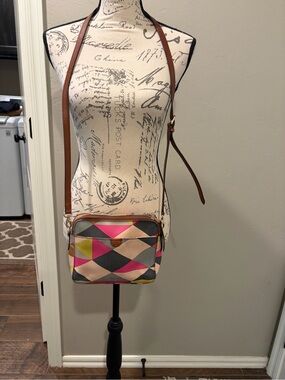 Fossil Multicolor Geometric Crossbody with Brown Strap